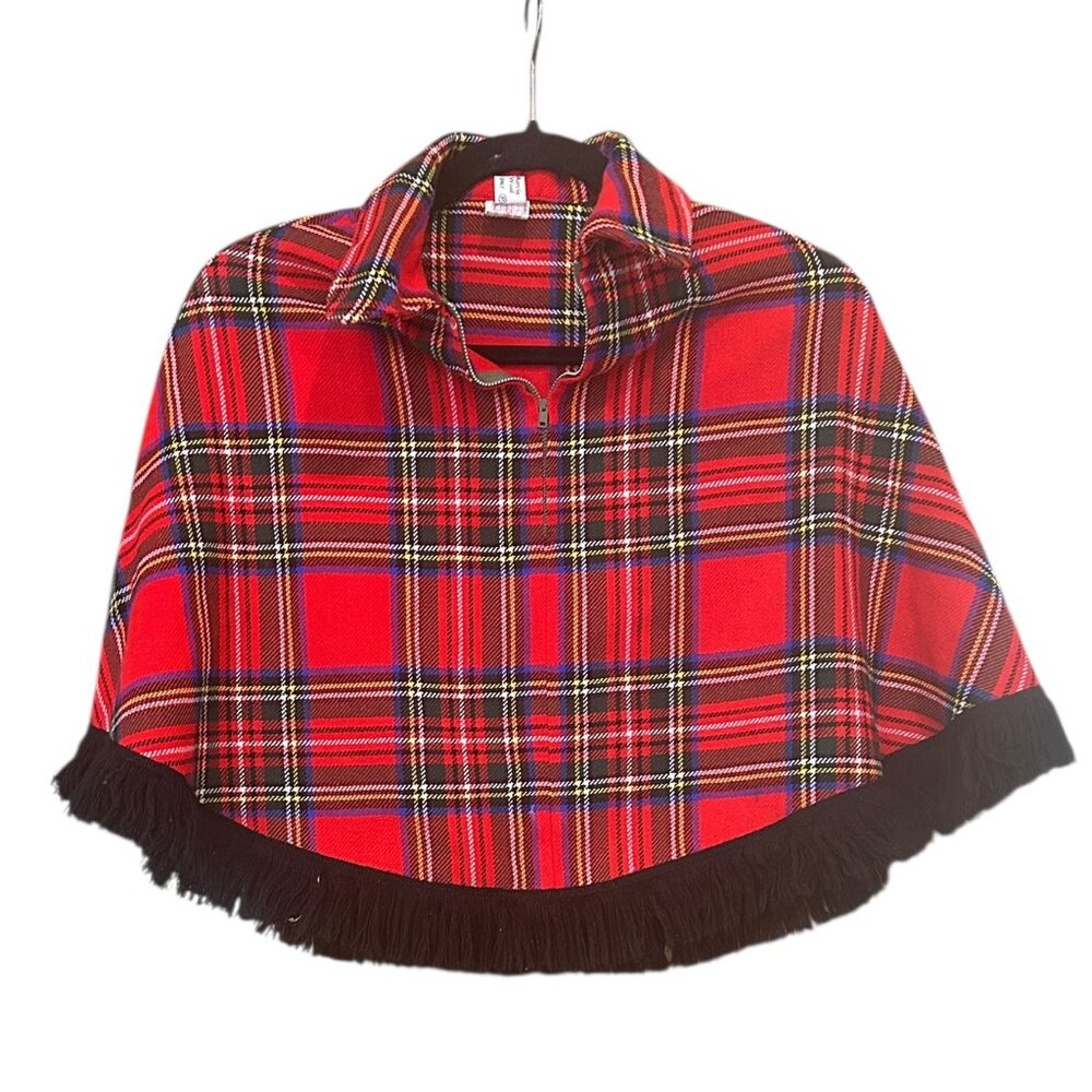 Fiona‎ McDonald Vintage Scottish Plaid Wool Poncho Youth S Fringe Capelet Preppy - Picture 2 of 8